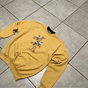 Vintage Morning Sun Yellow Sweatshirt with Embroidered Chickadees and Berries